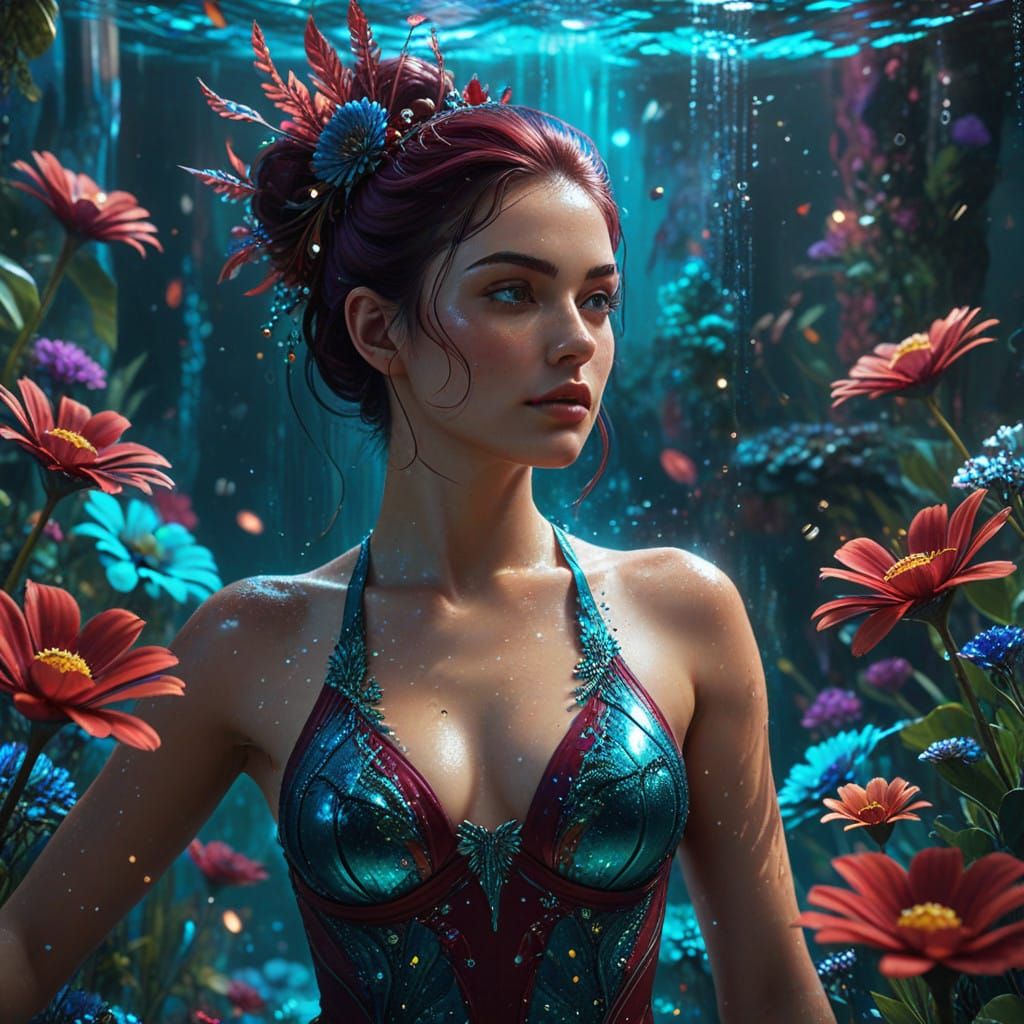 Elegant Underwater Woman in Burgundy and Blue