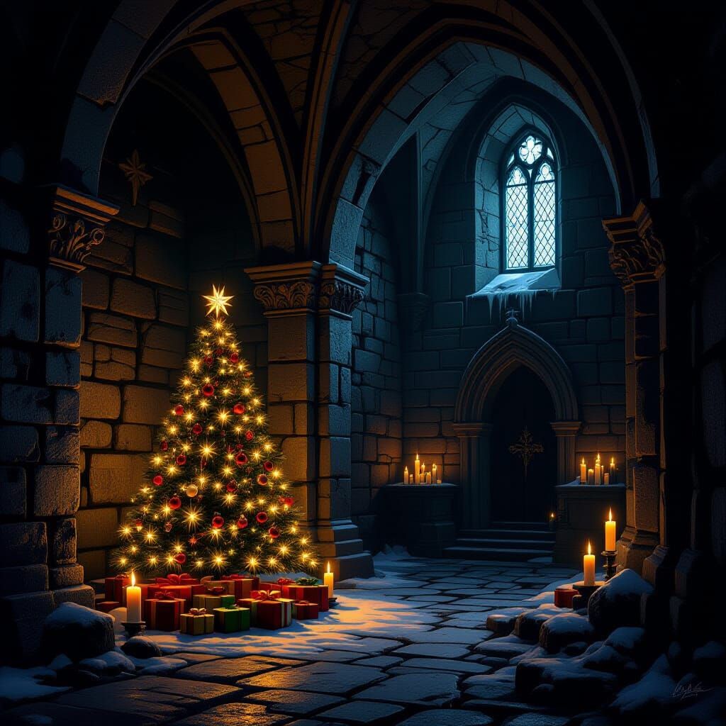 Festive Christmas Decorations in Ancient Crypt