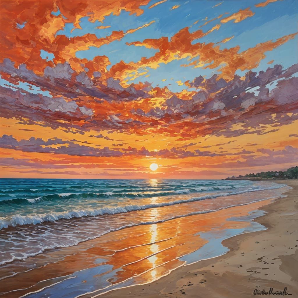 Vibrant Sunset on a Serene Beach in Impressionist Style