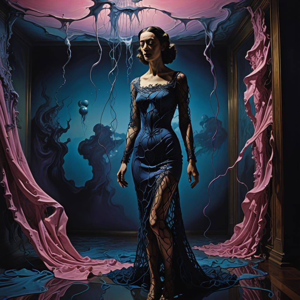 Ethereal Woman in Fishnet Pantyhose in Surreal Dreamscape