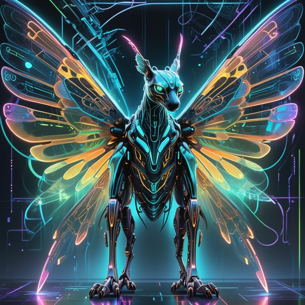 Luminous Digital Pet with Neon Cybernetic Enhancements