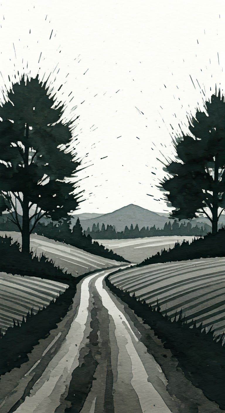 Abstract Ink Splatter Countryside Landscape Artwork