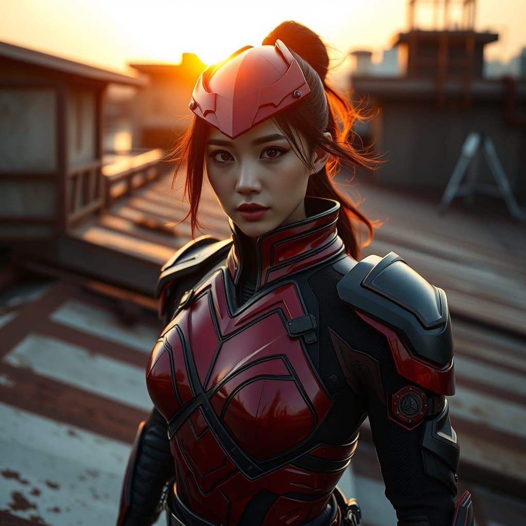 Japanese Superhero in High-Tech Ninja Armor at Sunset