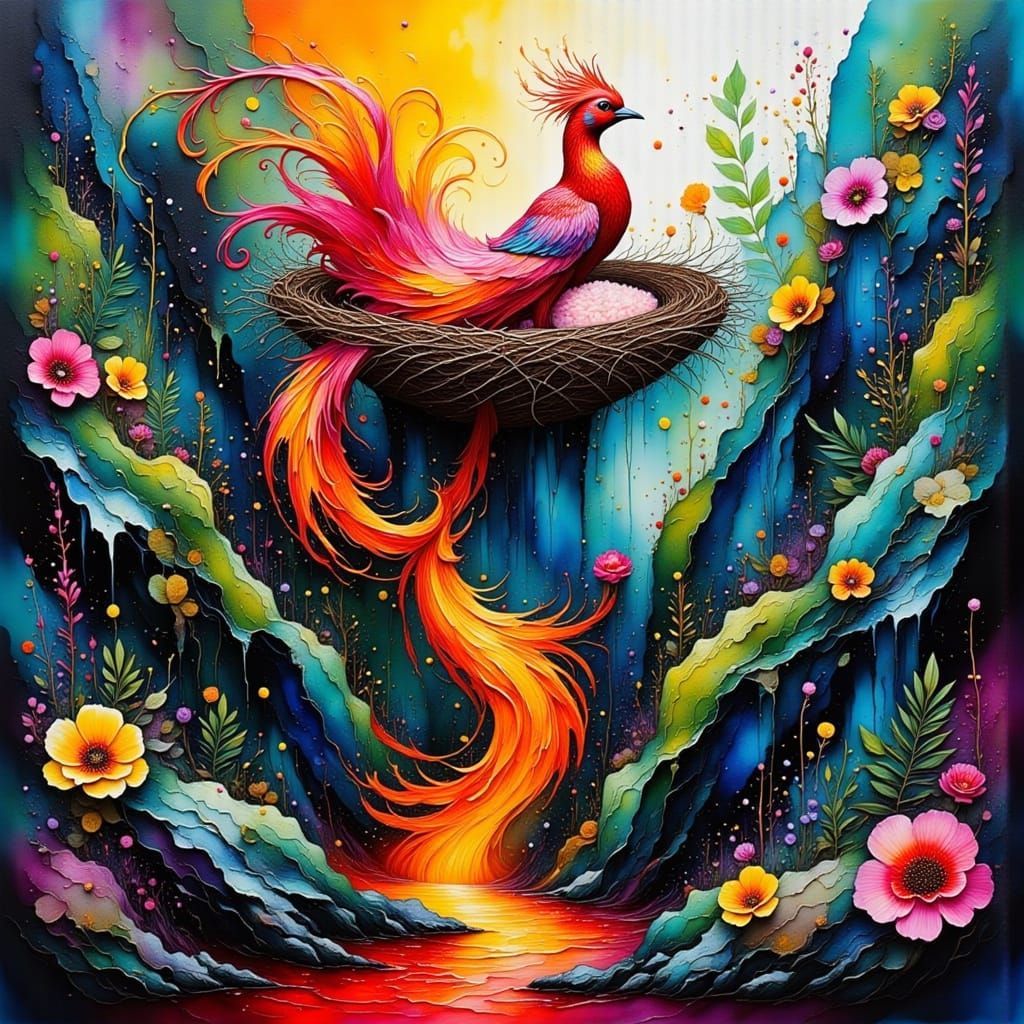 Majestic Phoenix in Impasto Style Nest