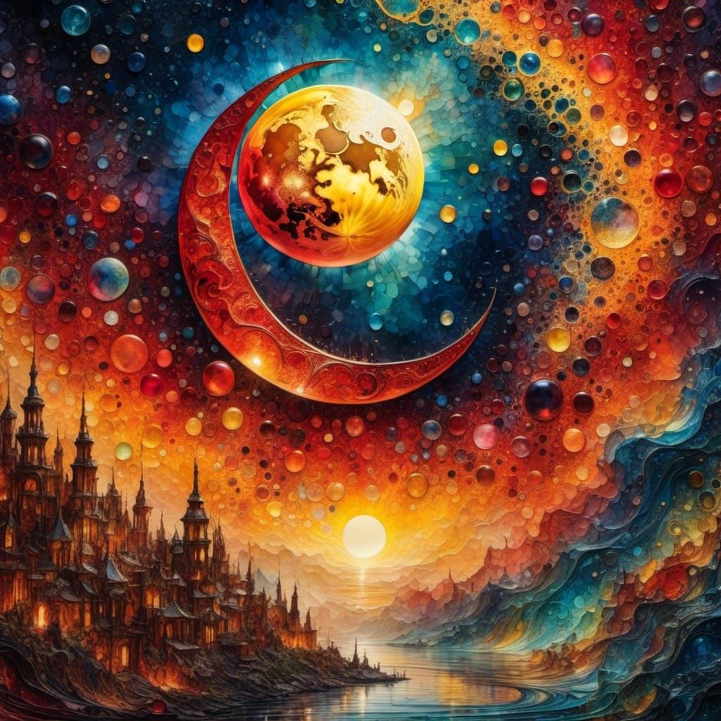 Ethereal Red Crescent Moon with Yellow Sun