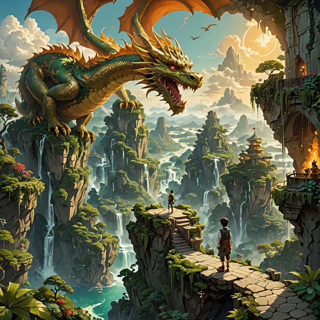 Fantasy Landscape with Floating Islands and Golden Dragon
