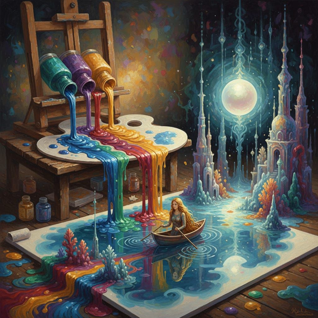 Paint Spill Creates Waterworld Dreamscape with Moonlit Boat