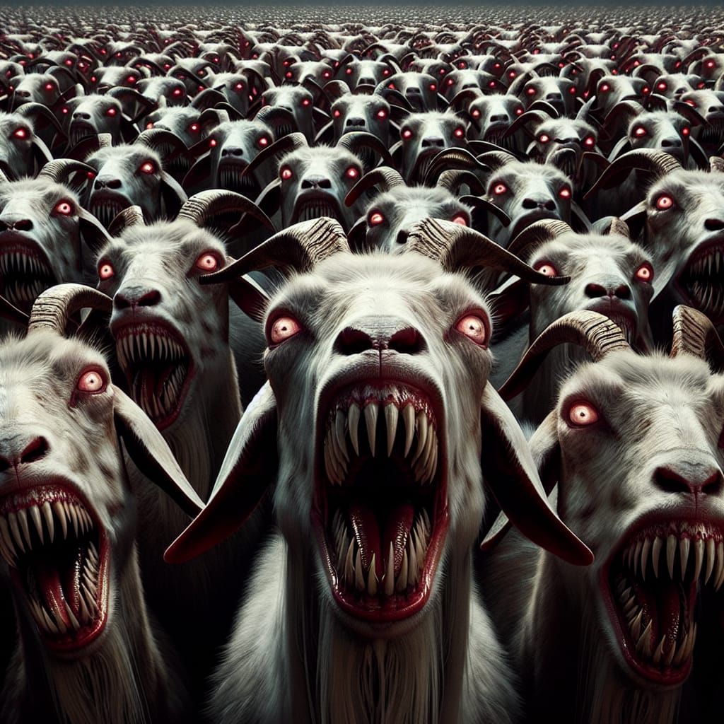 Eerie Goats with Glowing Eyes and Fangs