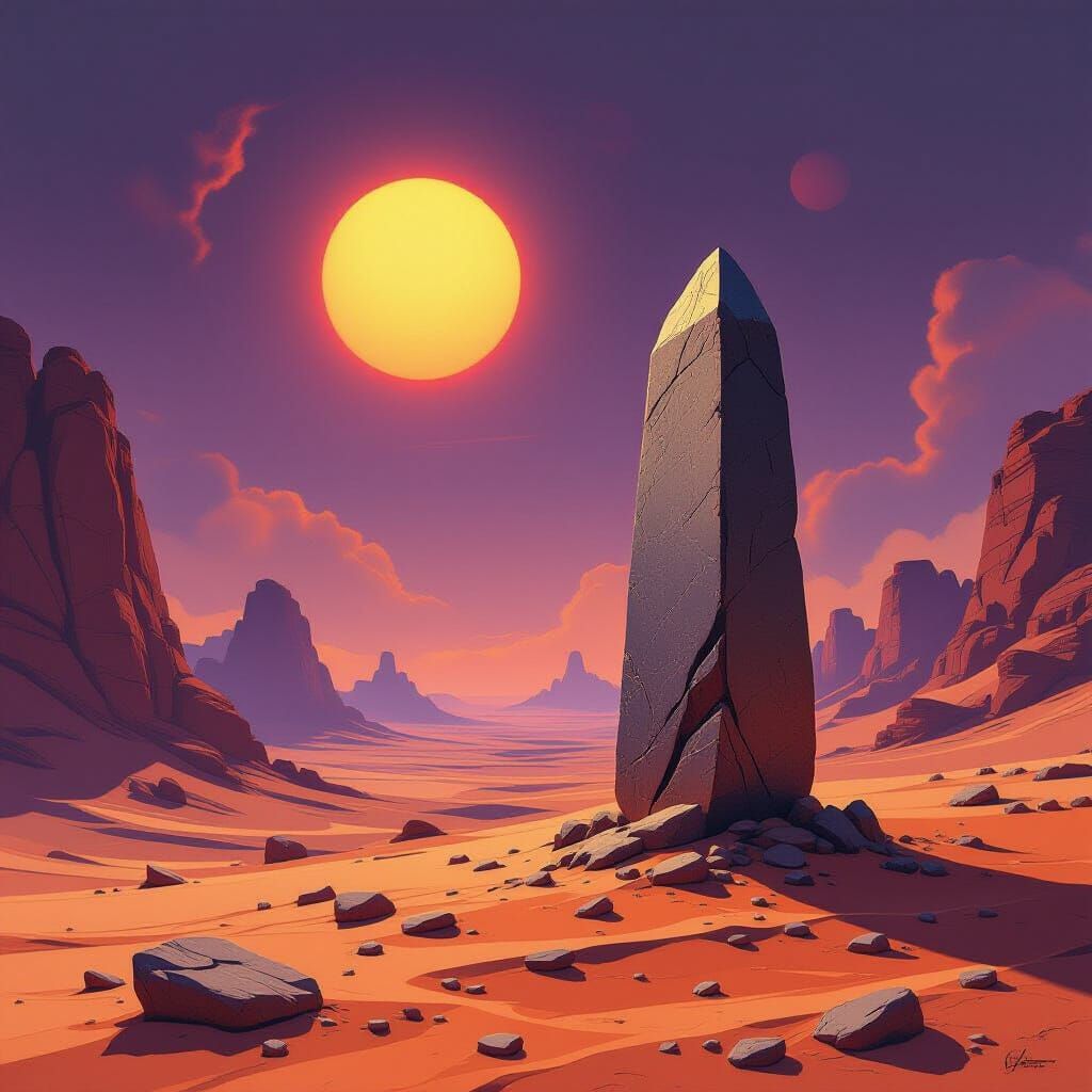 Ancient Monolith on Alien Desert Under Binary Sunset