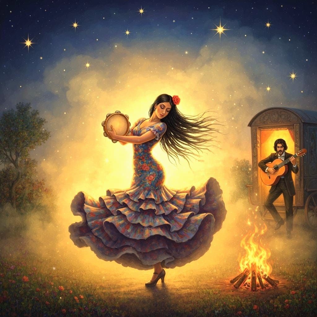Ethereal Flamenco Dancer in Golden Starlight