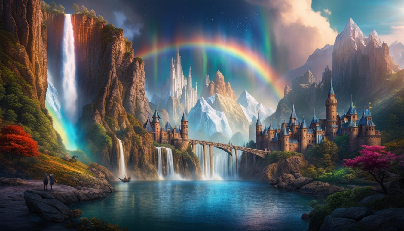 Cosmic Fantasy World with Dragons and Rainbows
