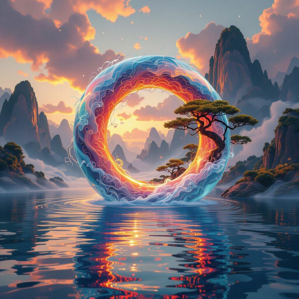 Vibrant Energy Torus Over Water with Japanese Ink Clouds