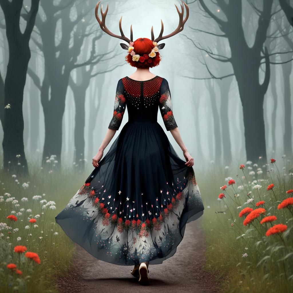 Woman with Antlers in Misty Forest, Abstract Fractal Art
