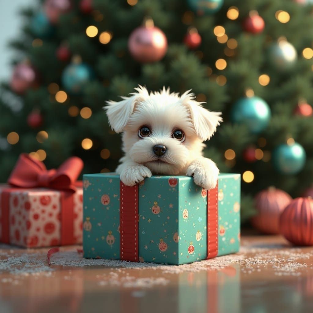 Mid Century Modern Christmas Card with Happy Maltese Puppy