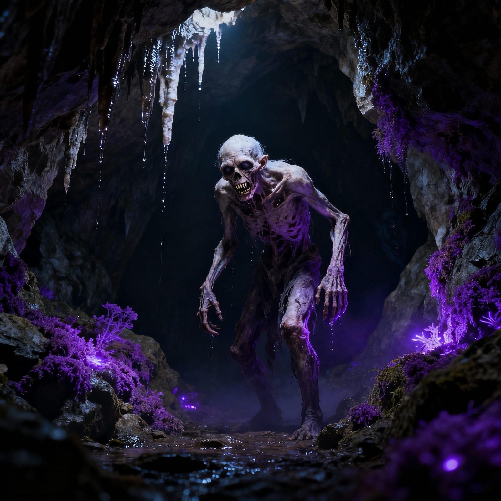 Ghoul in Dark Cavern with Bioluminescent Moss