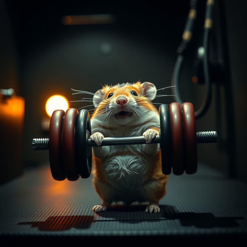 Hamster's Triumphant Lift: A Cinematic Gym Still