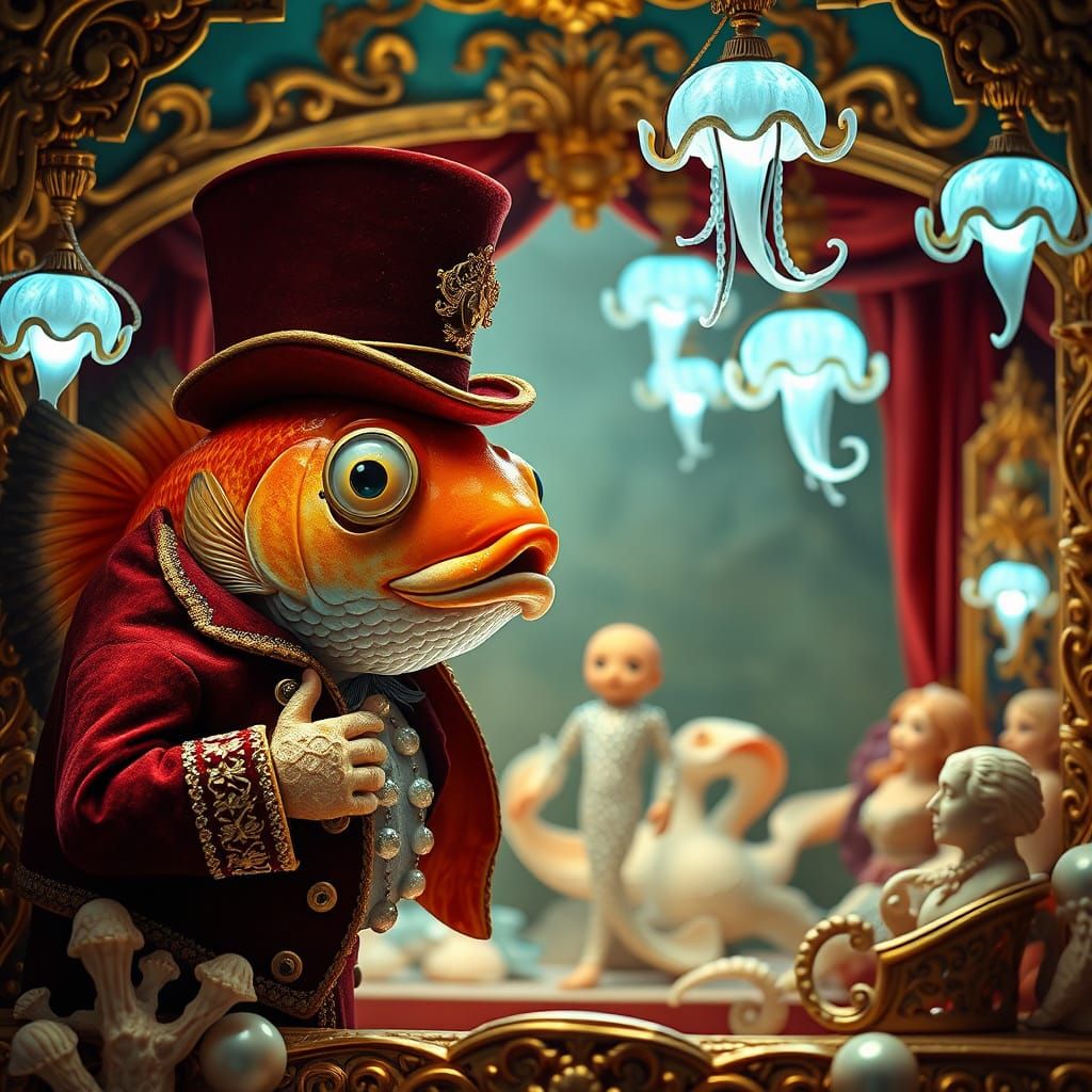 A whimsical, anthropomorphic goldfish in a miniature baroque theatre, wearing a tiny velvet coat and monocle, directing ...