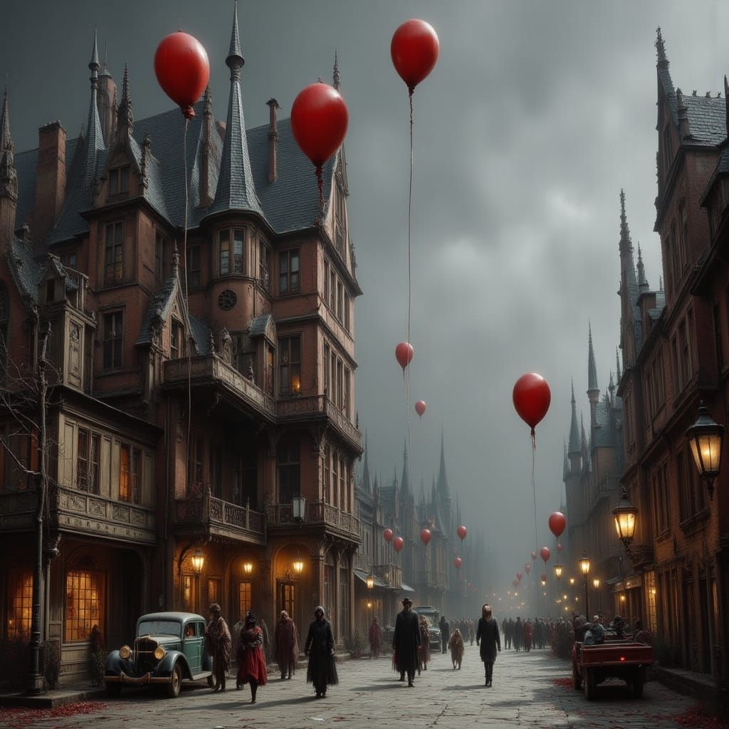 Eerie European Town Square Holiday Celebration with Dark Red...