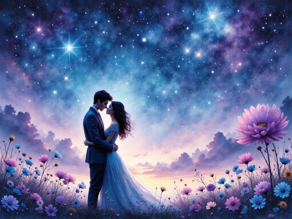 Romantic Embrace Under Starry Night Sky