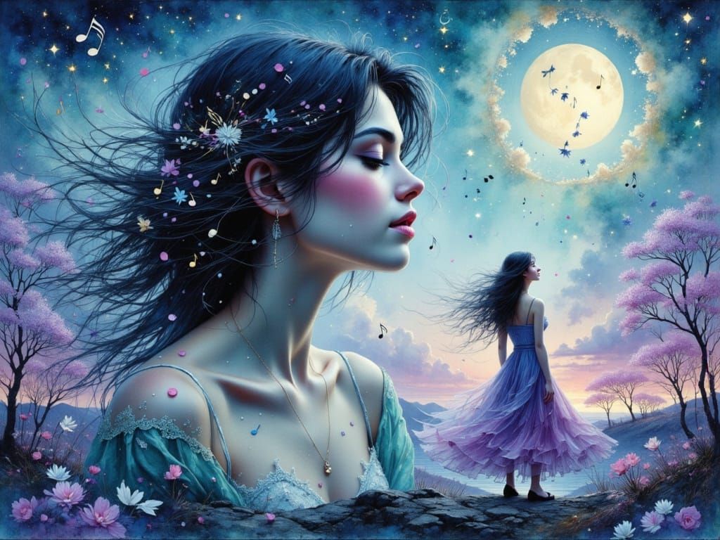 Woman in Night with Music Notes, Watercolor and Ink