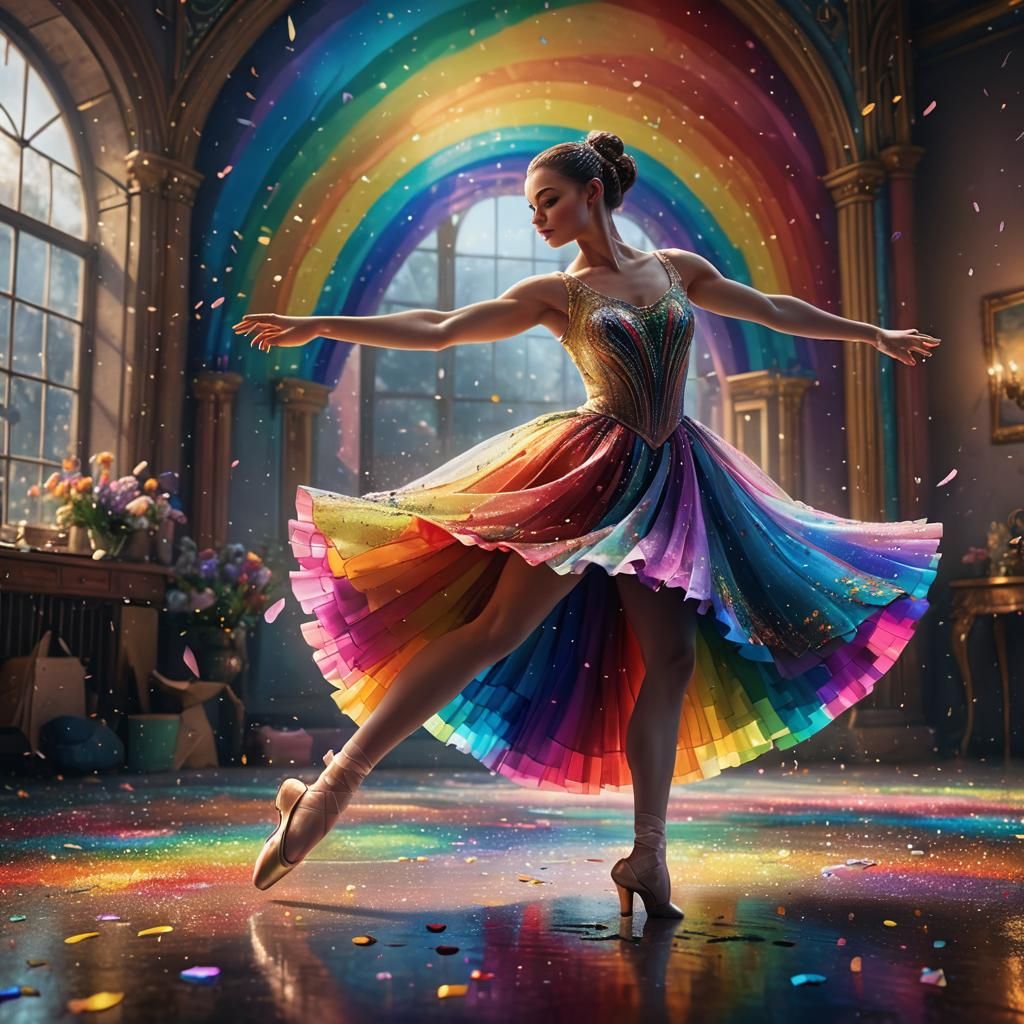 Ballerina Dancing with Rainbow, Detailed Digital Art