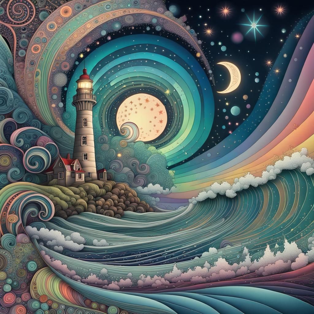 Colorful Lighthouse Scene with Zentangle and Aurora