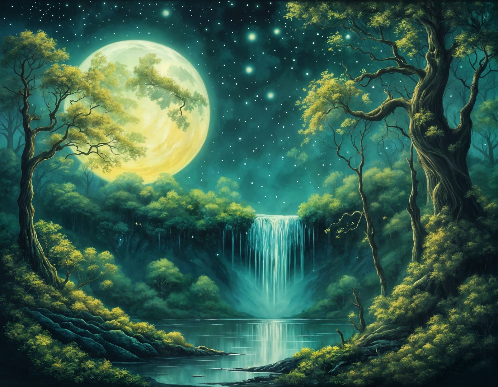 Ethereal Moonlit Falls in Enchanted Forest