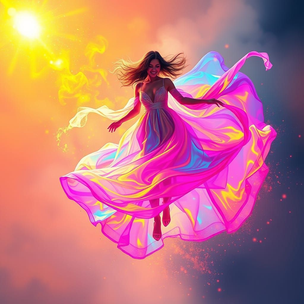 Ethereal Goddess in Vibrant, Iridescent Gown Defies Gravity