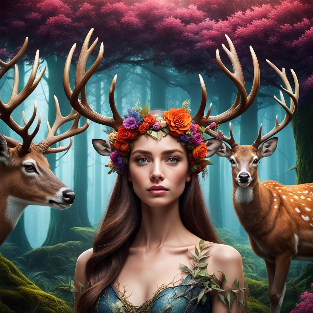 Antlered Woman and Deer in Enchanted Forest