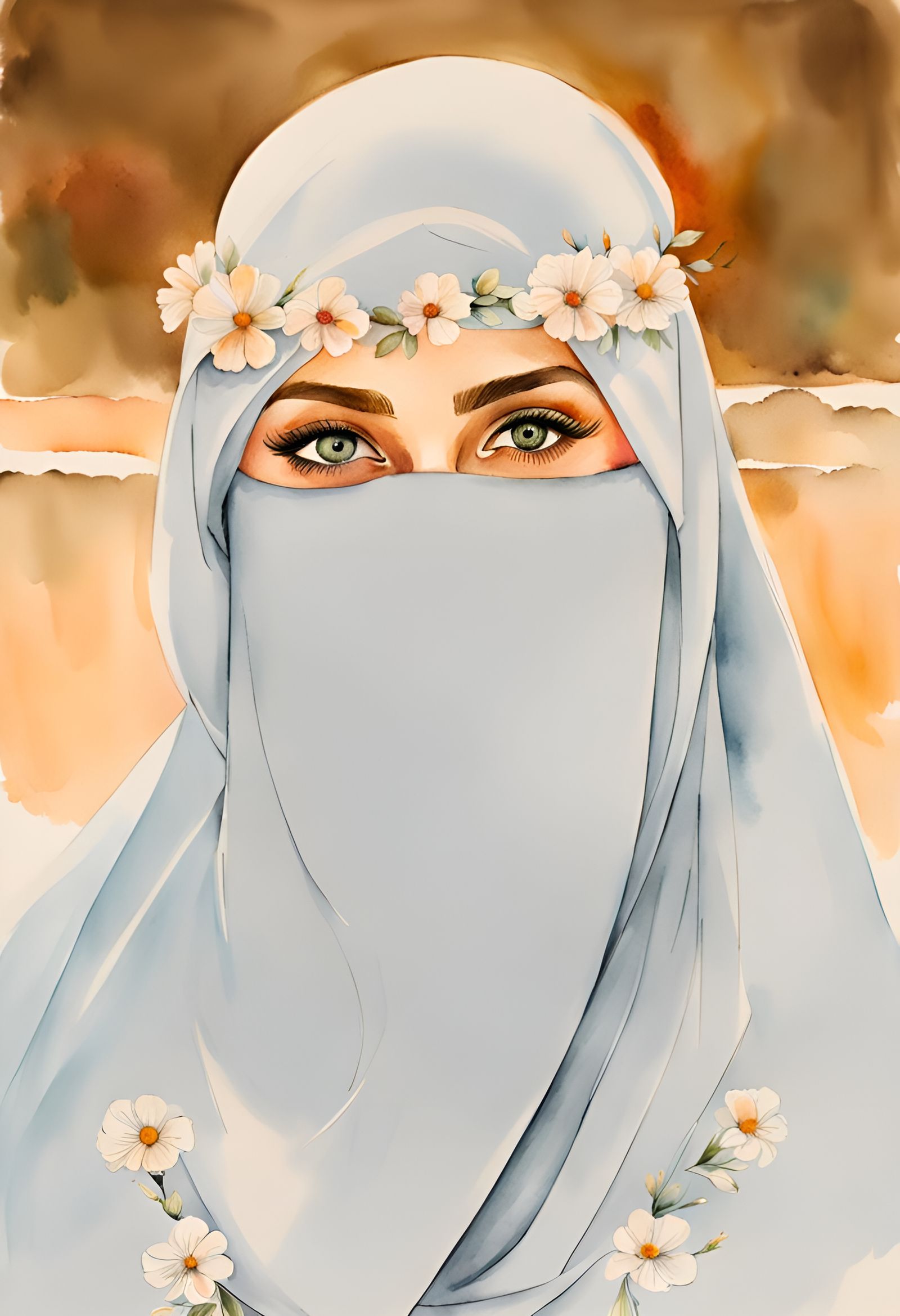 Beautiful Woman in Niqab with Flower Wreath