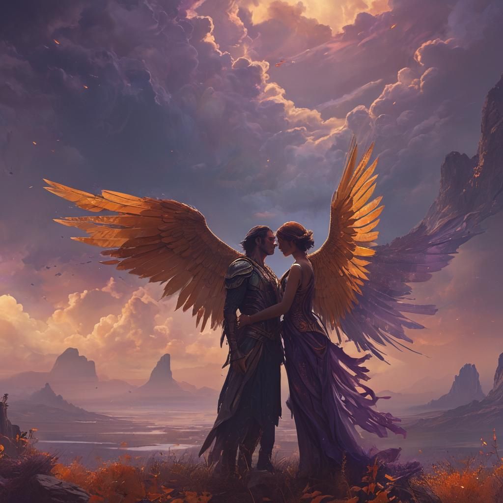 Winged Lovers Embrace in Mystical Landscape