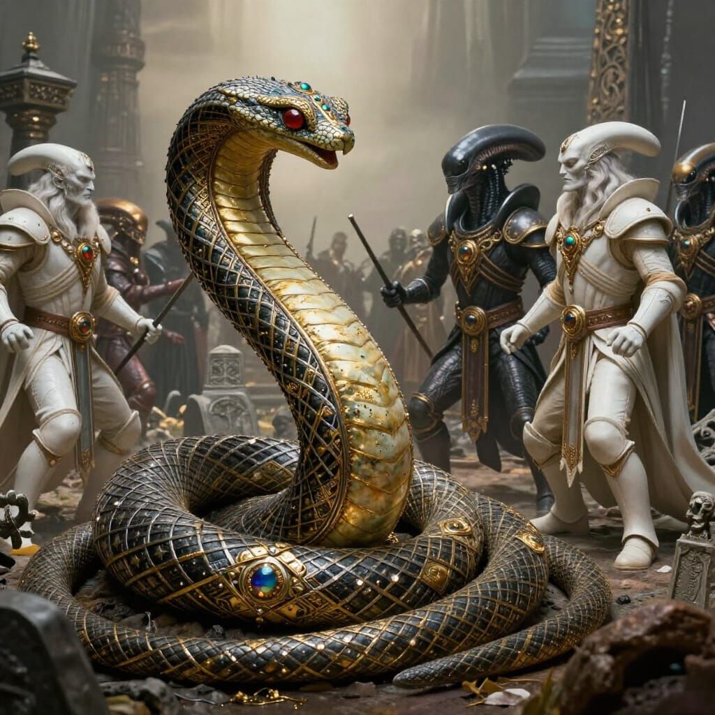 Serpent King Battles Xenomorphs in Ethereal Graveyard