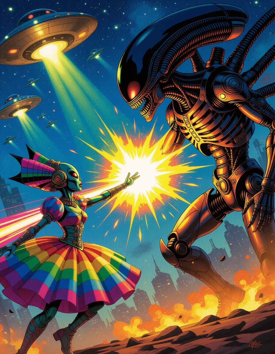 Steampunk Alien Battle in Vivid Space