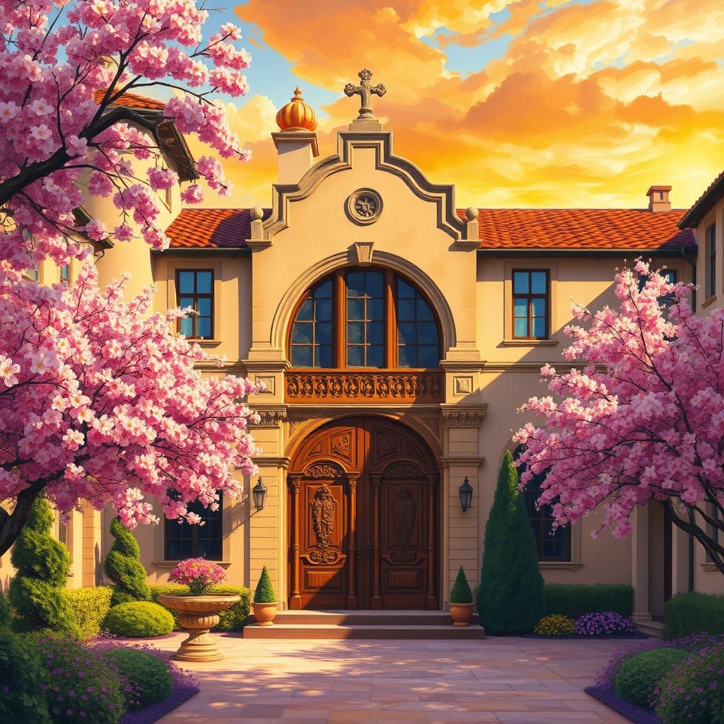 Renaissance Manor in Cherry Blossom Garden: Impressionistic ...