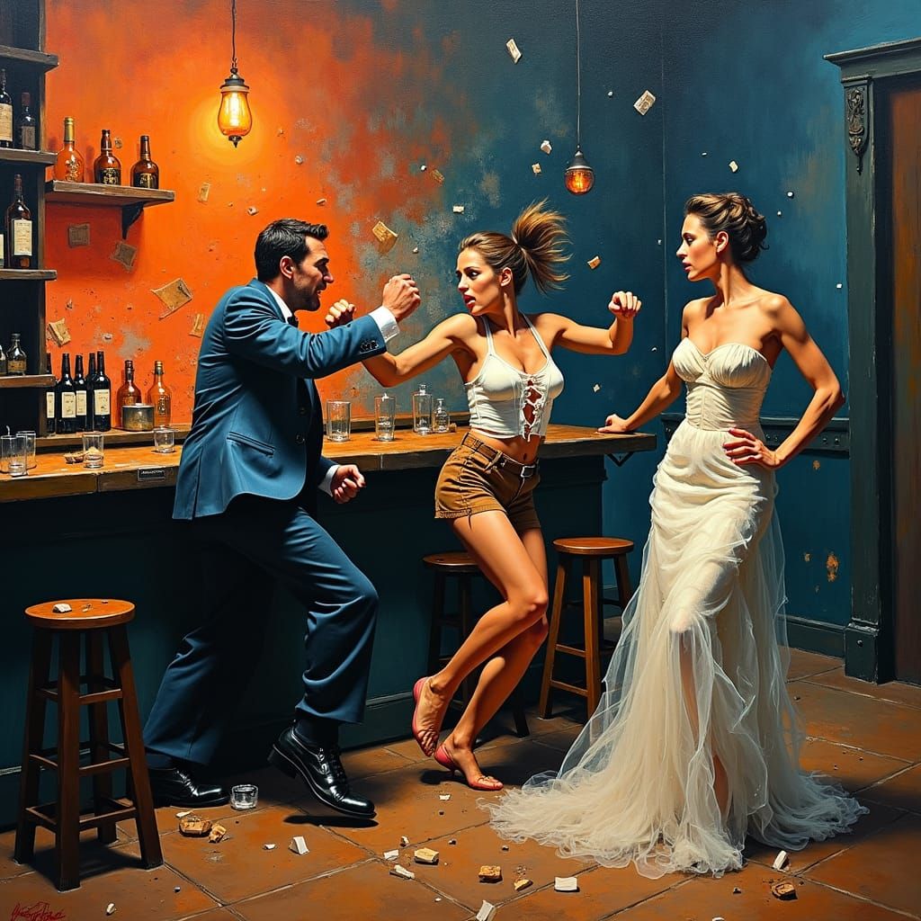 Bar Fight Painting in Van Gogh Impasto Style