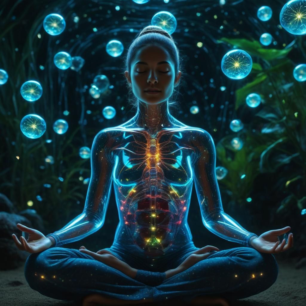 Meditating Woman with Bioluminescent Organs
