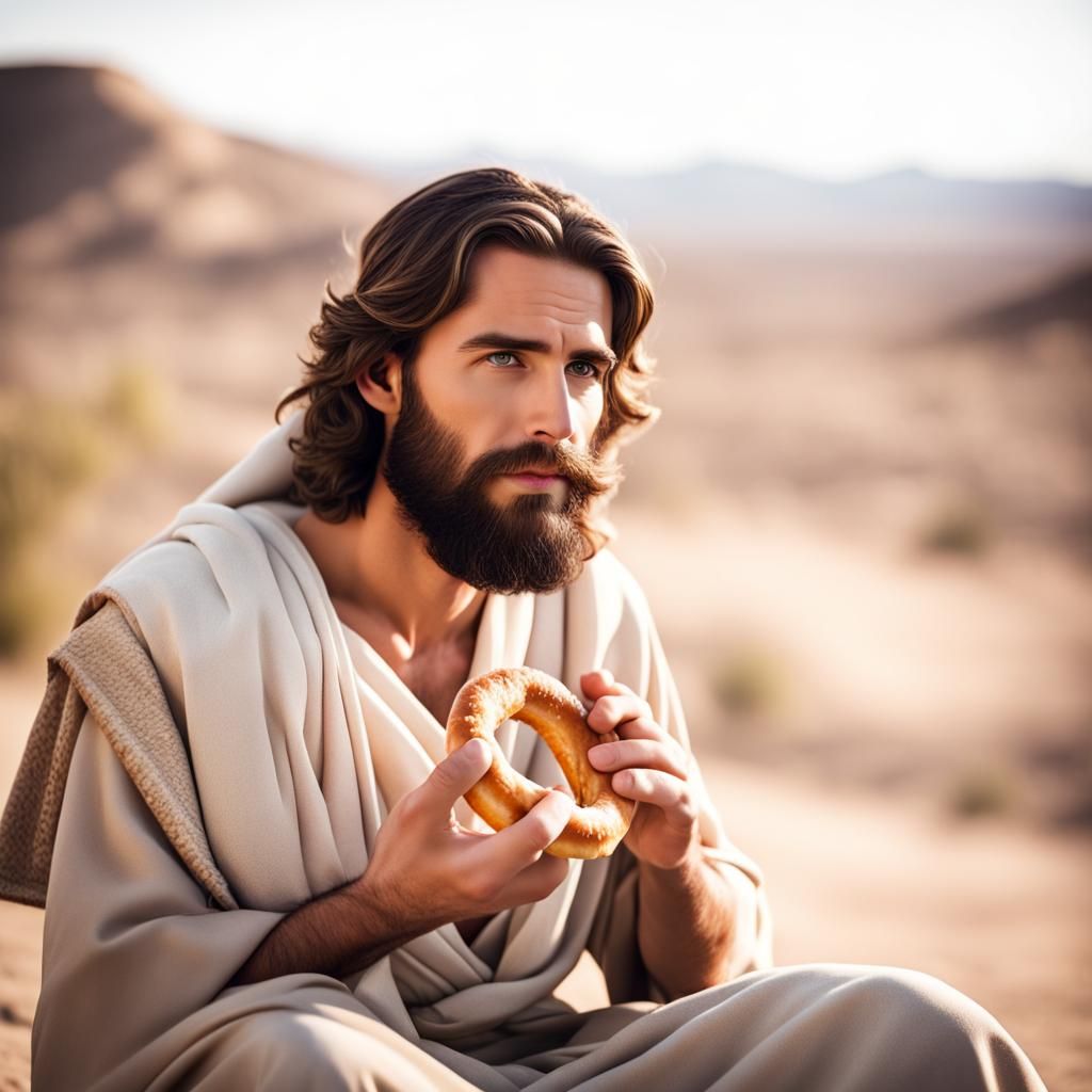 Jesus Christ Eating Pretzel in Desert Photo