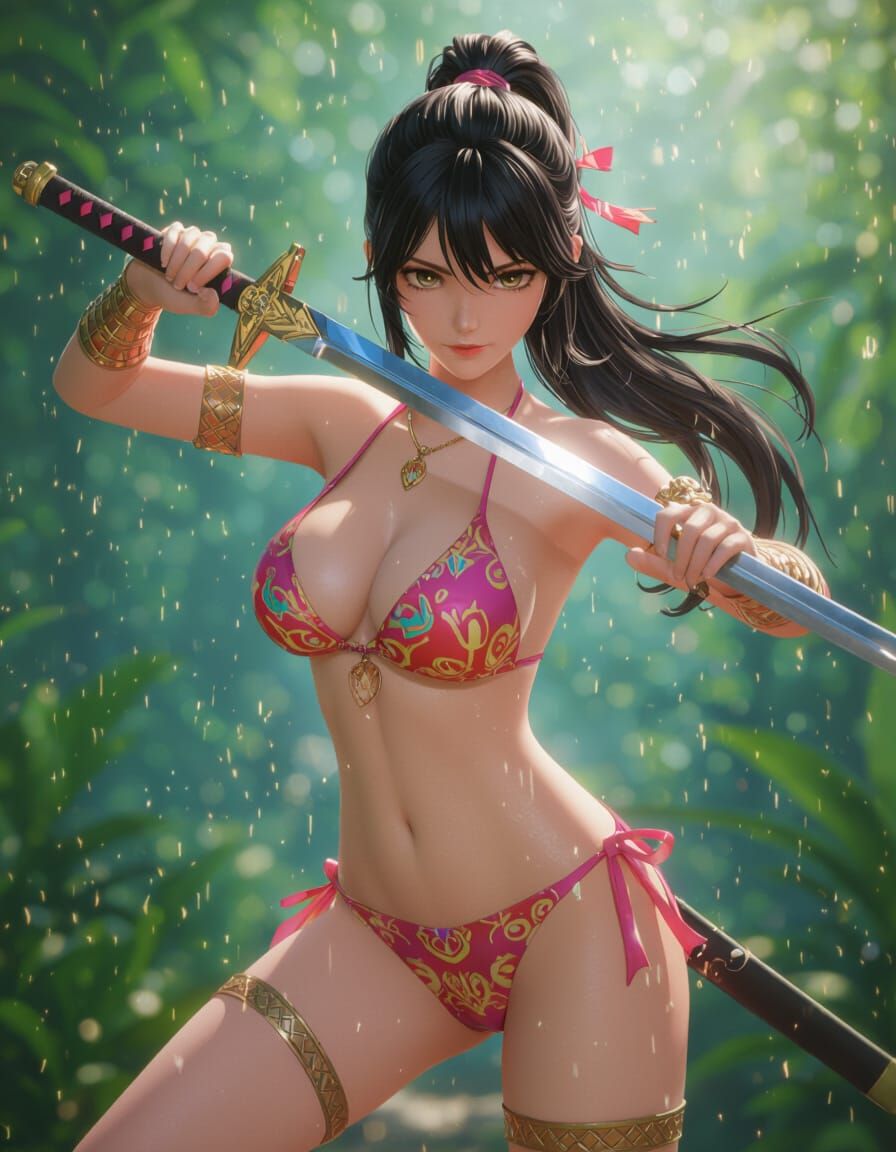 Stunning Anime Woman with Sword in 3D Concept Art Style