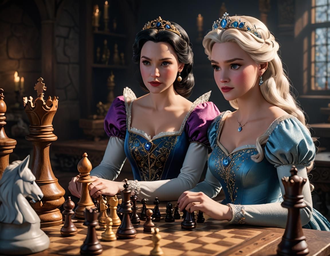 Overweight Snow White and Elsa Play Chess