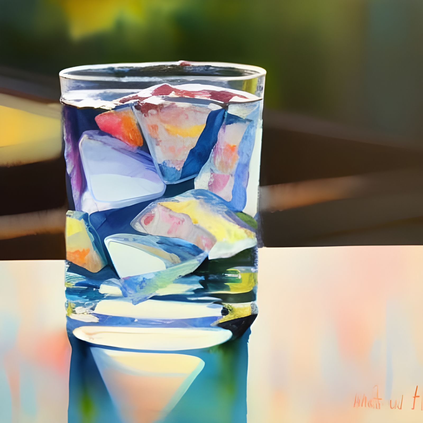Sparkling Water with Ice in Gouache Watercolor Style