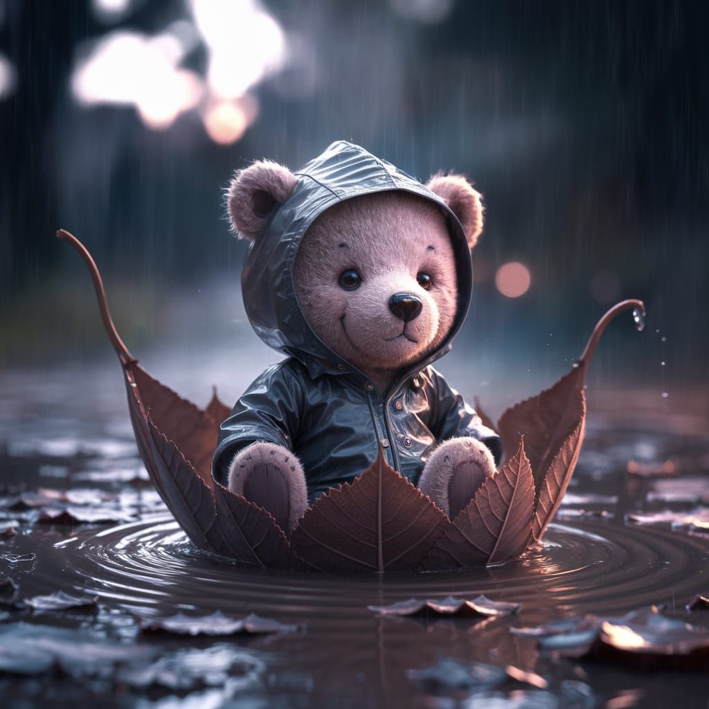 A Cute Teddy Bear in the Rain