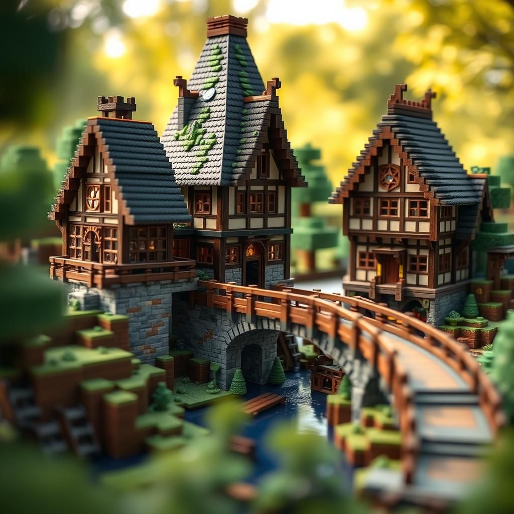 Minecraft Buildings Connected by Bridges: Professional Photo...