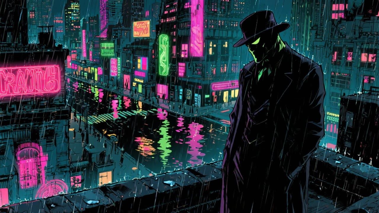 Villain's Rooftop Vigil Over Neon Metropolis