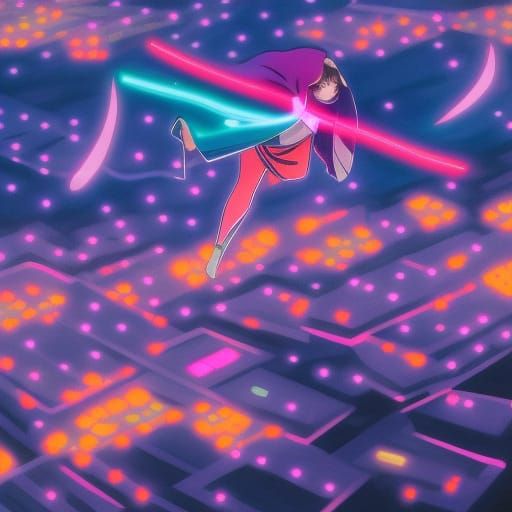 Anime Girl Casting Spells in Blade Runner City