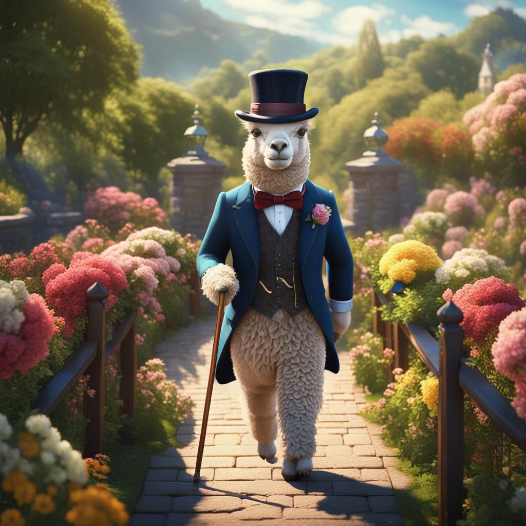 Dapper Alpaca in Suit on Floral Bridge