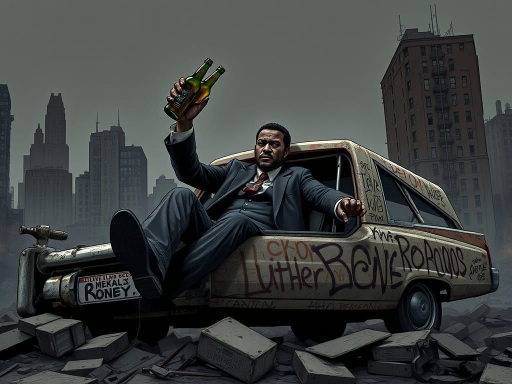 Dystopian Leader Toasts in Ruined Harlem