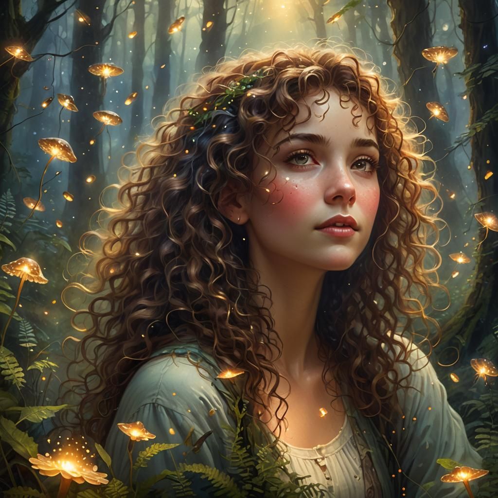 Mystical Forest Portrait: Woman with Curly Hair