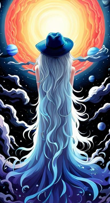 Ethereal Girl with Cosmic Hat, Anime Style