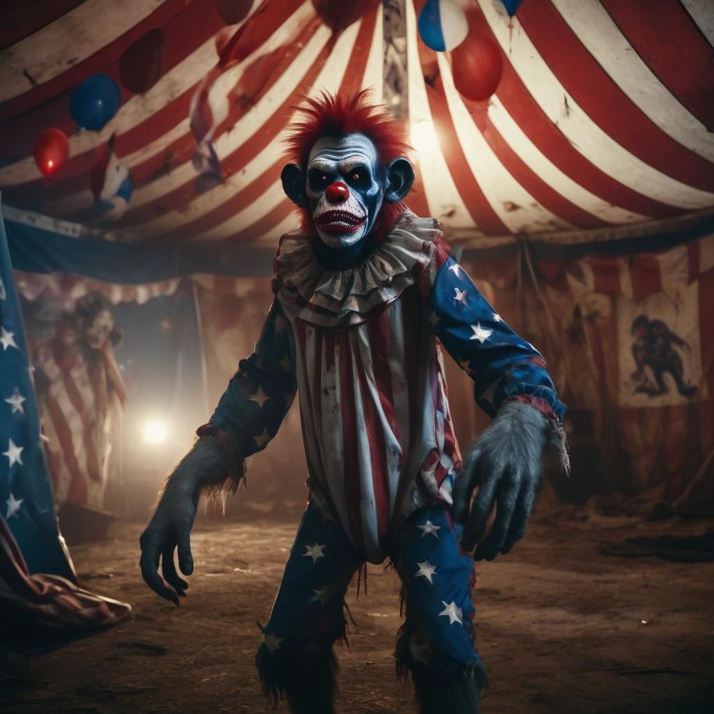 Cinematic Zombie Monkey Clown in Abandoned Circus