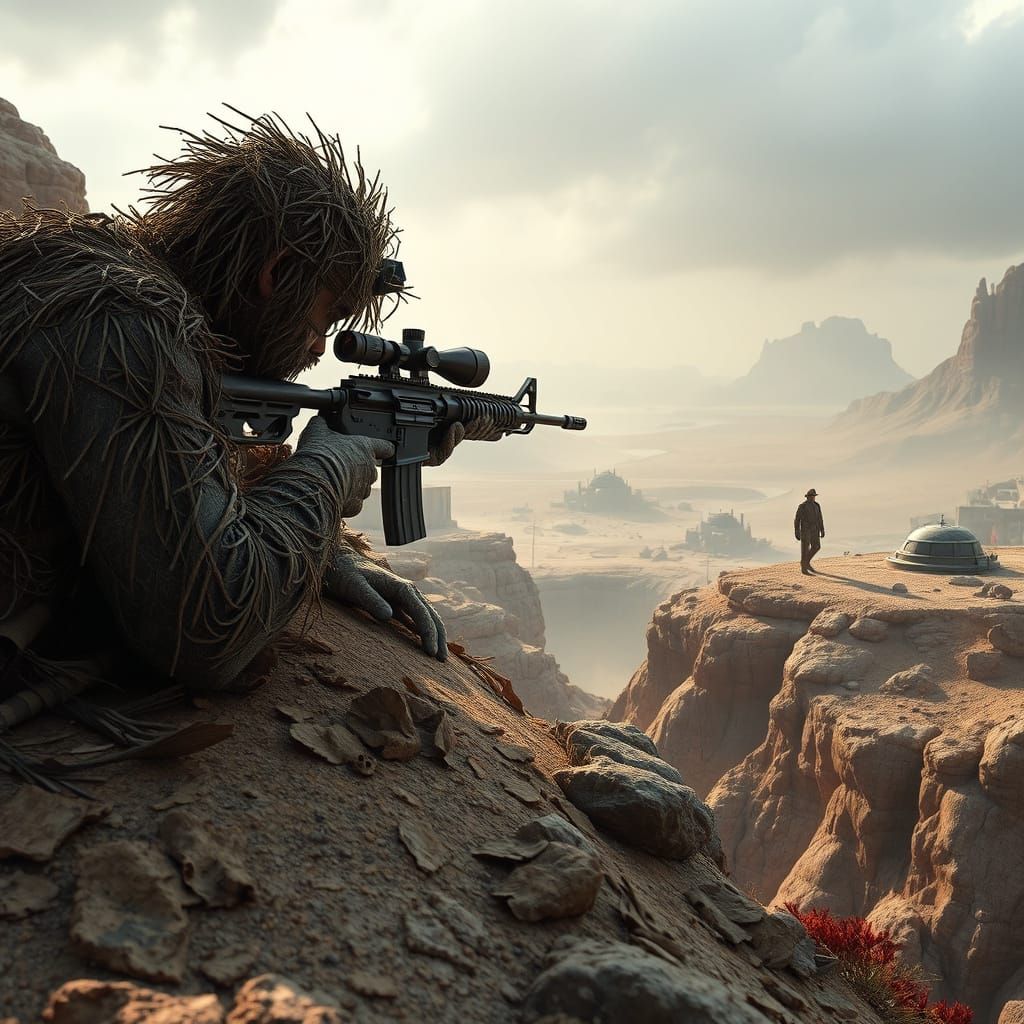 Ghillie Sniper in Desert Landscape